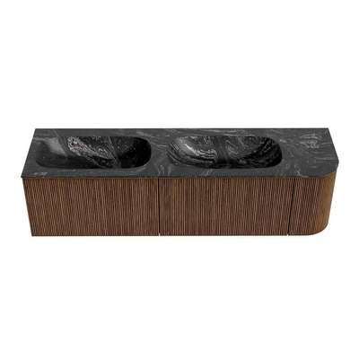 MONDIAZ KURVE-DLUX 165cm Meuble salle de bain avec module 25 D - couleur Walnut - 2 tiroirs - 1 porte - vasque STOR SMALL double / gauche - sans trou de robinet - couleur Lava