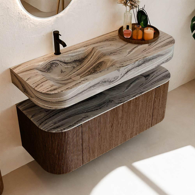 MONDIAZ THOR-DLUX 120cm meuble de salle de bains arrondi gauche + droite couleur Walnut avec 1 tiroir et 2 portes. Vasque suspendue CLOUD gauche 1 trou de robinet couleur Sombra.