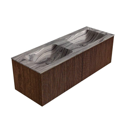 MONDIAZ KURVE-DLUX 130cm badmeubel kleur Walnut met 2 lades en 0 deuren. Wastafel LEAF Dubbel zonder kraangat Sombra.