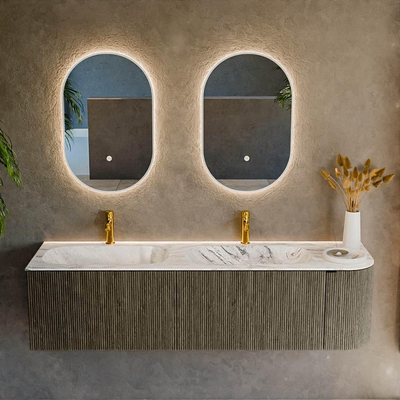 Mondiaz KURVE-DLUX Badkamermeubelset - 165x46x40cm - 2 lade - 1 deur - wastafel solid surface - dubbel / links - 2 kraangaten - Shadow