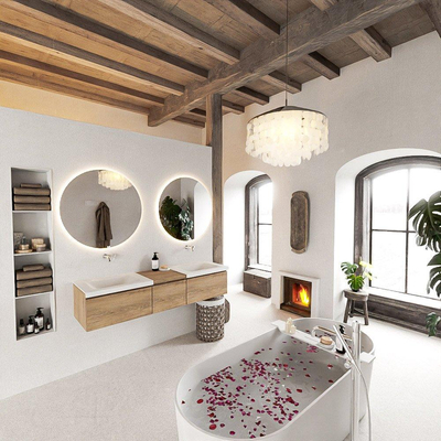 MONDIAZ BUKLA meuble de salle de bain 160cm avec module 40 couleur Chêne blanchi avec 3 tiroirs. Lavabo CLOUD double 0 trou de robinet couleur Talc.