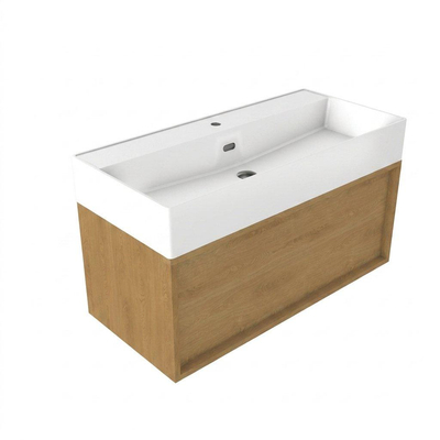 Saniclass Holz Frame Ensemble de meubles de salle de bains - 100x45x52cm - lavabo Legend en céramique blanc - 1 vasque - 1 trou de robinet - 1 tiroir - chêne naturel mat (bois)