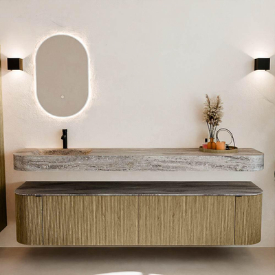 MONDIAZ THOR-DLUX Meuble de salle de bains - 200cm - arrondi gauche + droite - couleur Dusk - 2 tiroirs et 2 portes - Vasque suspendue CLOUD Gauche 1 trou de robinet - couleur Oza