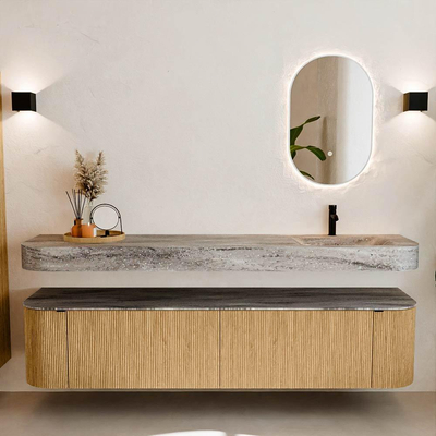 MONDIAZ THOR-DLUX 200cm meuble de salle de bains arrondi gauche + droite couleur Oak avec 2 tiroirs et 2 portes. Vasque suspendue CLOUD Droite 1 trou de robinet couleur Oza.