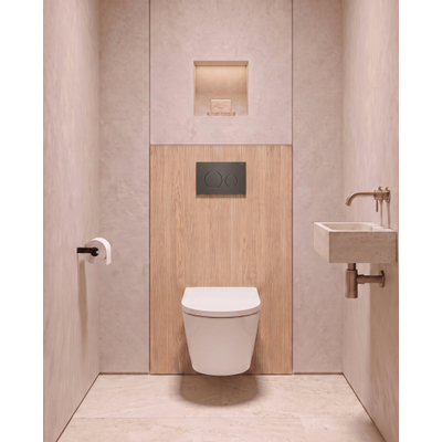QeramiQ Dely Toiletset - 36.3x51.7cm - diepspoel - rimless - Geberit UP320 inbouwreservoir - softclose toilet zitting - 35mm - bedieningsplaat mat antraciet - ronde knoppen - glans wit