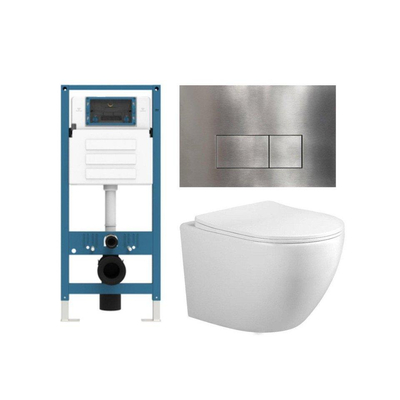 FugaFlow Eccelente Press Toiletset - 48.5x36x32cm - diepspoel - spoelrandloos - inbouwreservoir - softclose - quickrelease - toiletzitting - RVS metalen bedieningsplaat - rechthoekige knoppen - wit