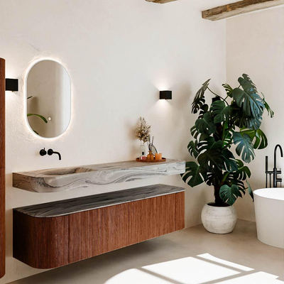 MONDIAZ THOR-DLUX 180cm meuble de salle de bains arrondi gauche + droite couleur Ruby avec 2 tiroirs et 2 portes. Vasque suspendue CLOUD Gauche sans trou de robinet couleur Sombra.