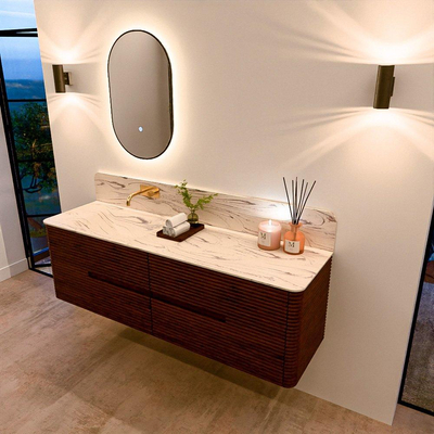 Mondiaz CIRO-DLUX Badkamermeubelset - 160x45x50cm - Solid surface wastafel Nata - 1 wasbak Links - zonder kraangaten - 4 lades - Ruby