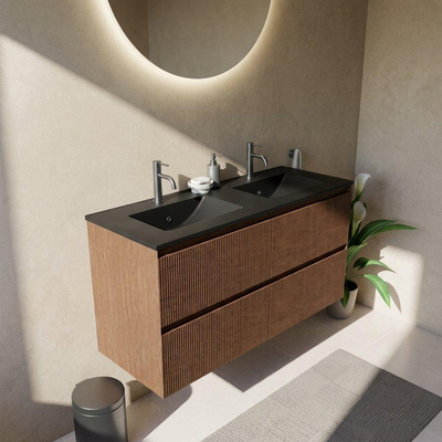 Saniclass Holz Atelier Ensemble de meubles de salle de bains - 120x45x62cm - lavabo Vygo en céramique noir - 2 vasques - 2 trous de robinet - 2 tiroirs - noyer pure mat (bois)