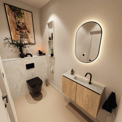 MONDIAZ TURE-DLUX Meuble toilette - 80cm - Washed Oak - EDEN - vasque Ostra - position centrale - 1 trou de robinet