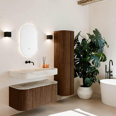 MONDIAZ THOR-DLUX 100cm badmeubel ronding links + rechts kleur Walnut met 1 lade en 2 deuren. Vrijhangende wastafel CLOUD Midden zonder kraangat kleur Frappe.