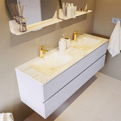 Mondiaz VICA-DLUX ensemble de meuble de salle de bain - 150cm - meuble sous-vasque cale - 2 tiroirs - lavabo encastré cloud double - 2 trous de robinet - version haute de 60cm - ostra