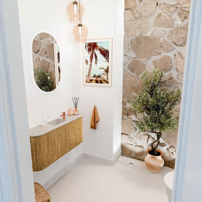 Mondiaz JOYA-DLUX 93.2cm toiletmeubel - ronding links en rechts kleur Oak - Wastafel FAYE positie Midden 1 kraangat kleur Opalo.