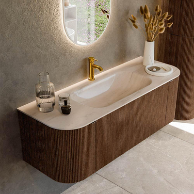 MONDIAZ KURVE-DLUX Meuble de salle de bains 130cm arrondi Gauche + Droite couleur Walnut avec 1 tiroir et 2 portes. Lavabo BIG SMALL Central 1 trou de robinet Meli.