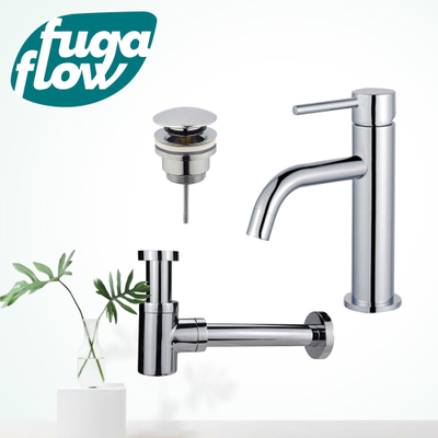 FugaFlow Eccelente Sobrado Slim Slim Kit mitigeur lavabo - robinet bas - bonde clic clac - siphon design bas - Chrome brillant