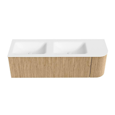 MONDIAZ KURVE 145cm Meuble salle de bain avec module 25 D - couleur Oak - 1 tiroir - 1 porte - vasque CLOUD double / gauche - 2 trous de robinet - Talc