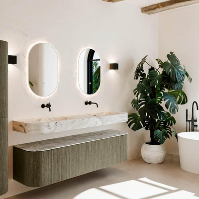 MONDIAZ THOR-DLUX Meuble de salle de bains - 170cm - arrondi gauche + droite - couleur Shadow - 1 tiroir - 2 portes - Vasque suspendue CLOUD Double sans trou de robinet - couleur Glace