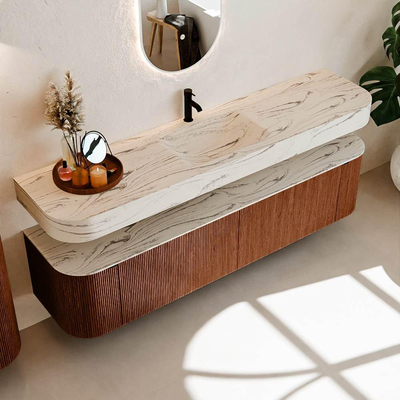 MONDIAZ THOR-DLUX Meuble de salle de bains 190cm arrondi gauche + droite couleur Ruby avec 2 tiroirs et 2 portes. Vasque suspendue CLOUD Milieu 1 trou de robinet couleur Nata.