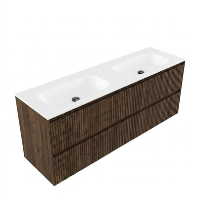 Saniclass Holz Atelier Ensemble meuble de salle de bains - 160x45x61.5cm - Flow lavabo en solid surface blanc - 2 vasques - sans trous de robinetterie - 4 tiroirs - chêne charcoal mat (bois)