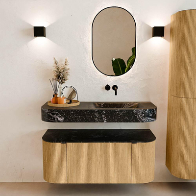 MONDIAZ THOR-DLUX 110cm meuble de salle de bains arrondi gauche + droite couleur Oak avec 1 tiroir et 2 portes. Vasque suspendue CLOUD Droite sans trou de robinet couleur Lava.