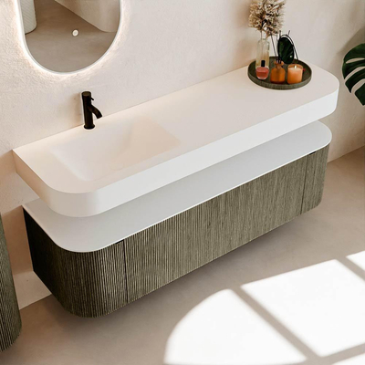 MONDIAZ THOR 160cm meuble de salle de bains arrondi gauche + droite couleur Shadow avec 1 tiroir et 2 portes. Vasque suspendue CLOUD gauche 1 trou de robinet couleur Talc.