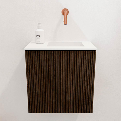 Mondiaz JOYA 40cm toiletmeubel - kleur Walnut - Wastafel FAYE positie Rechts Zonder kraangat kleur Talc.