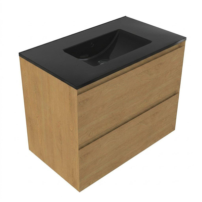 Saniclass Holz Pure Ensemble de meubles de salle de bains - 80x45x62cm - lavabo Vygo en céramique noir - 1 vasque - sans trou de robinetterie - 2 tiroirs - chêne naturel mat (bois)