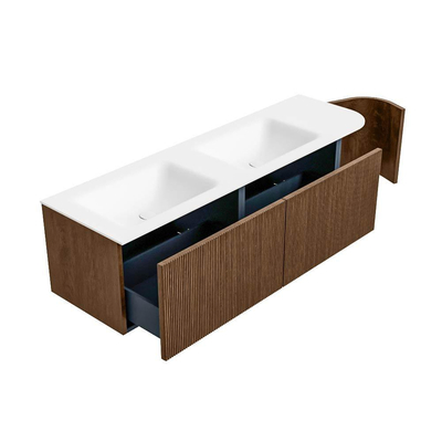 MONDIAZ KURVE 155cm Meuble salle de bain avec module 25 D - couleur Walnut - 2 tiroirs - 1 porte - vasque CLOUD double / gauche - 2 trous de robinet - Talc