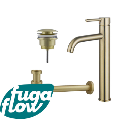 FugaFlow Eccelente Sobrado Badkamer Wastafelkraanset - verhoogde wastafelkraan - klikwaste plug - verlaagde design sifon - PVD Geborsteld Messing