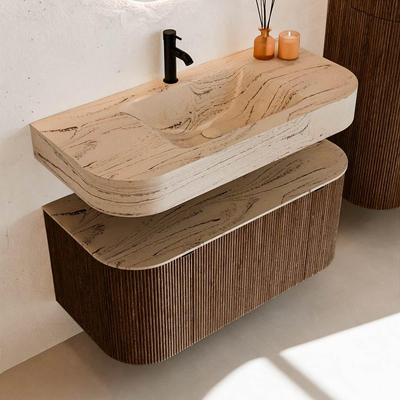 MONDIAZ THOR-DLUX 100cm badmeubel ronding links + rechts kleur Walnut met 1 lade en 2 deuren. Vrijhangende wastafel CLOUD Midden 1 kraangat kleur Arena.