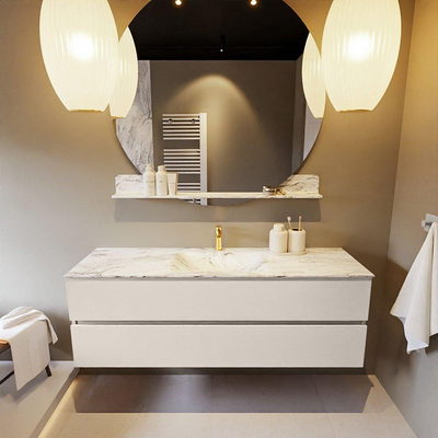 Mondiaz VICA-DLUX Ensemble de meuble de salle de bain - 150cm - meuble sous-vasque lin - 2 tiroirs - lavabo encastrée nuage milieu - 1 trou de robinet - version haute de 60cm - glace