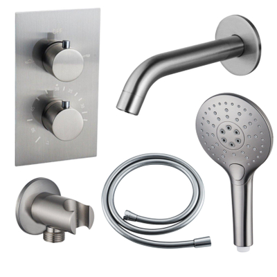 Fortifura Calvi Ensemble de robinet de baignoire - bec - 22cm réductible - corps lisse - douchette ronde - partie encastrable - support mural - inox brossé PVD