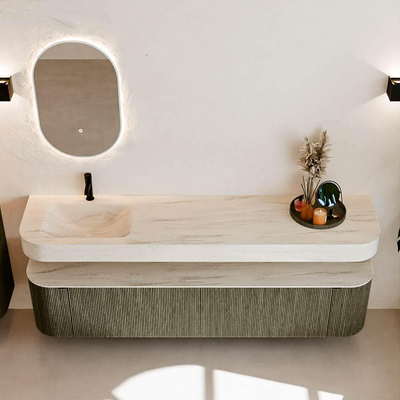 MONDIAZ THOR-DLUX 200cm meuble de salle de bains arrondi gauche + droite couleur Shadow avec 2 tiroirs et 2 portes. Vasque suspendue CLOUD Gauche 1 trou de robinet couleur Meli.