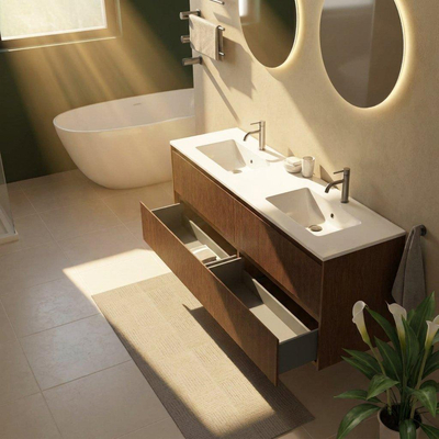 Saniclass Holz Atelier Ensemble de meubles de salle de bains - 160x45x62cm - Lavabo Vygo en céramique blanc - 2 vasques - 2 trous de robinet - 4 tiroirs - noyer pure mat (bois)