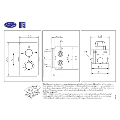 Best Design Nancy Mitigeur douche encastrable et box encastrable 2 voies 1/2" or mat