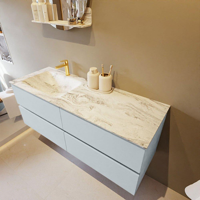 Mondiaz VICA-DLUX Ensemble de meuble de salle de bain - 130cm - meuble sous-vasque argile - 4 tiroirs - lavabo encastré nuage gauche - 1 trou de robinet - version haute de 60cm - glace