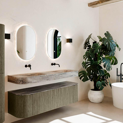 MONDIAZ THOR-DLUX 160cm meuble de salle de bains arrondi gauche + droite couleur Shadow avec 1 tiroir et 2 portes. Vasque suspendue CLOUD Double sans trou de robinet couleur Oza.