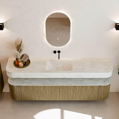 MONDIAZ THOR-DLUX 200cm meuble de salle de bains arrondi gauche + droite couleur Dusk avec 2 tiroirs et 2 portes. Vasque suspendue CLOUD Milieu sans trou de robinet couleur Opalo.