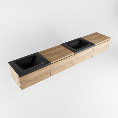 MONDIAZ BUKLA 240cm badmeubel met module 60 rechts kleur Washed Oak met 4 lades. Wastafel CLOUD dubbel 2 kraangaten kleur Urban.