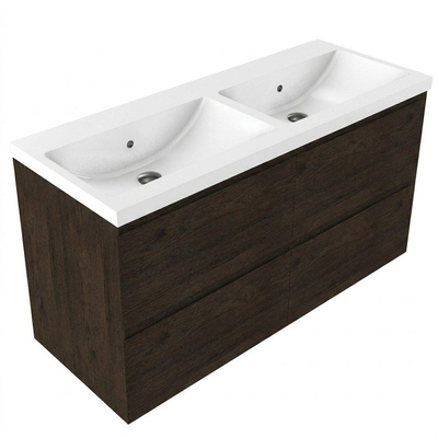 Saniclass Holz Pure Ensemble meuble de salle de bains - 120x45x63.5cm - Lavabo en céramique Bari blanc - 2 vasques - sans trous de robinetterie - 4 tiroirs - chêne charcoal mat (bois)