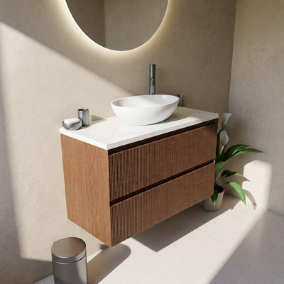 Saniclass Holz Atelier Ensemble de meubles de salle de bains - 100x45x63cm - Plan vasque en marbre Dia poli (blanc) - 1 trou de robinet - 2 tiroirs - noyer pure mat (bois)
