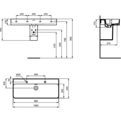 Ideal Standard Strada II wastafel 100x43cm keramiek 2 kraangaten met overloop wit