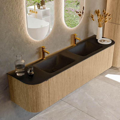 MONDIAZ KURVE 180cm Meuble salle de bain avec module 25 G et D - couleur Oak - 2 tiroirs - 2 portes - vasque CLOUD double - 2 trous de robinet - Urban