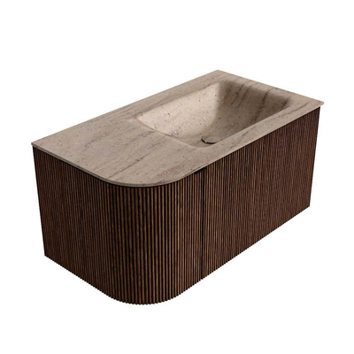 MONDIAZ KURVE-DLUX Meuble de salle de bains 85cm arrondi à gauche couleur Walnut avec 1 tiroir et 1 porte. Lavabo CLOUD à droite sans trou de robinet Saba.