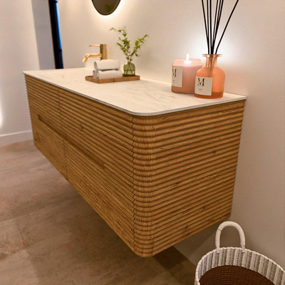 Mondiaz CIRO-DLUX Meuble de salle de bains - 140x45x50cm - Plan vasque Solid surface Opalo - 1 vasque à gauche - 1 trou de robinetterie - 4 tiroirs - Chêne