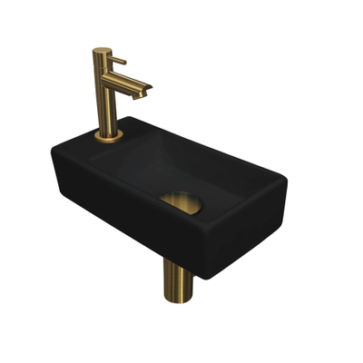 Ink Versus pack lave-mains – 36 x 18 x 9 cm – porcelaine noir mat – perçage à gauche – robinet doré brossé