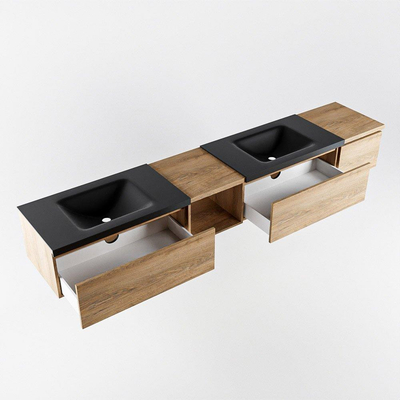 MONDIAZ BUKLA 240cm ensemble de meuble avec module ouvert 40 gauche couleur Chêne blanchi avec 3 tiroirs. Lavabo CLOUD double 2 trous de robinet couleur Urbaine.