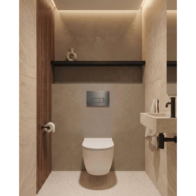 QeramiQ Dely Toiletset - 36.3x51.7cm - diepspoel - rimless - Geberit UP720 inbouwreservoir - softclose toiletzitting - gunmetal bedieningsplaat - rechtehoekige knoppen - met Burda frame - mat wit