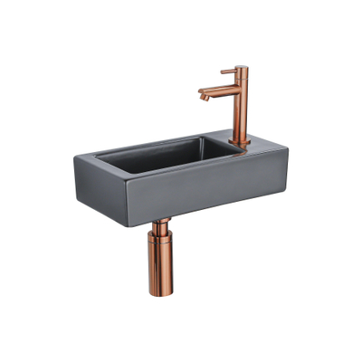 QeramiQ Fontein Fonteinset - 37.5x18.5x9cm - céramique - trou de robinet à droite - robinet lave-mains en cuivre brossé - bonde de vidage - siphon abaissé - Noir Mat