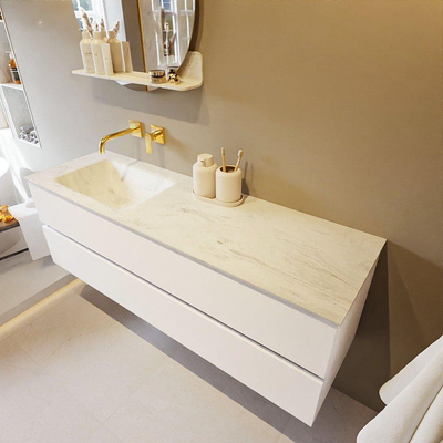 MONDIAZ VICA-DLUX Ensemble meuble de salle de bains - 150cm - meuble bas Talc - 2 tiroirs - lavabo encastré Cloud gauche - sans trous de robinet - version haute 60cm - Opalo